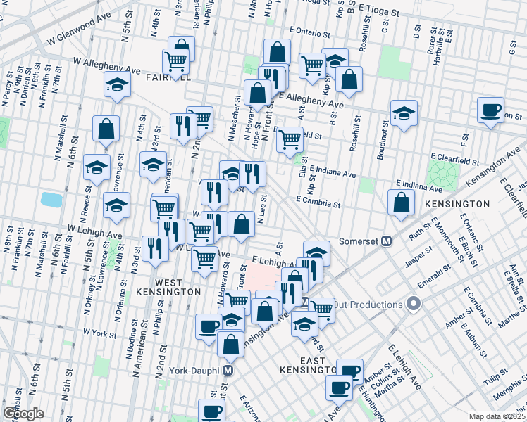map of restaurants, bars, coffee shops, grocery stores, and more near 2833 North Lee Street in Philadelphia