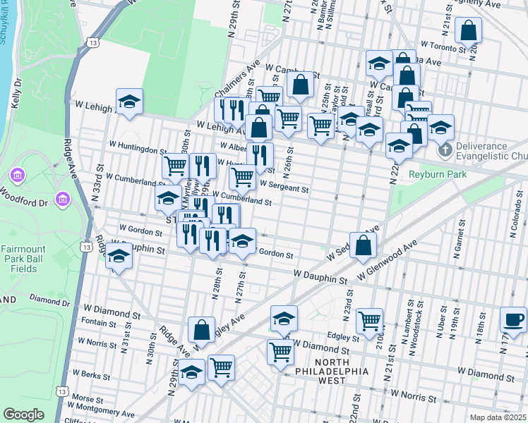 map of restaurants, bars, coffee shops, grocery stores, and more near 2633 West Hagert Street in Philadelphia