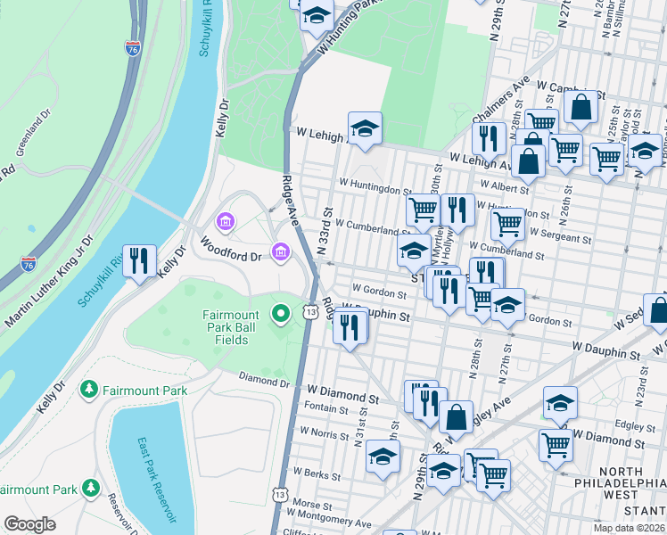 map of restaurants, bars, coffee shops, grocery stores, and more near 2327 North 33rd Street in Philadelphia
