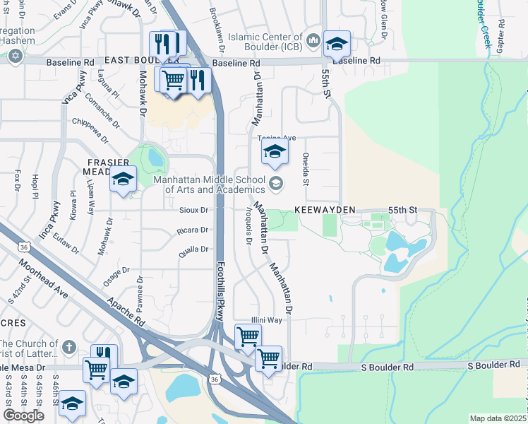 map of restaurants, bars, coffee shops, grocery stores, and more near 275 Manhattan Drive in Boulder