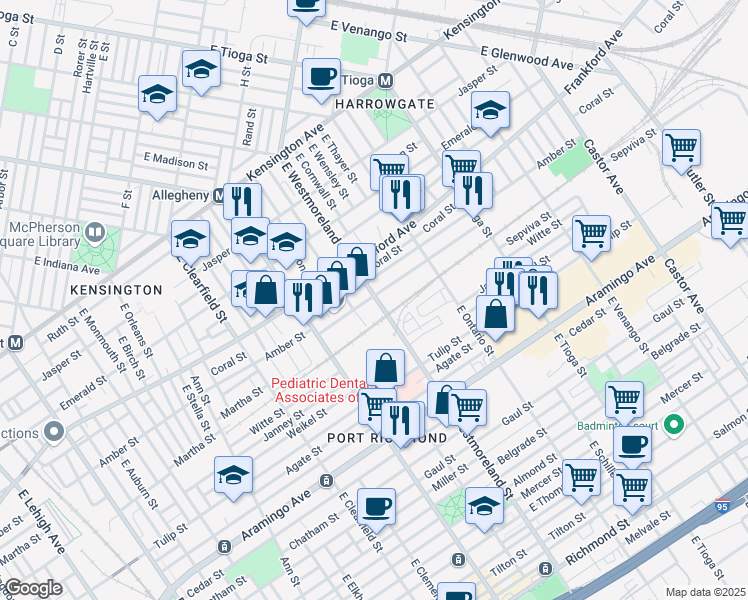 map of restaurants, bars, coffee shops, grocery stores, and more near 2150e East Westmoreland Street in Philadelphia