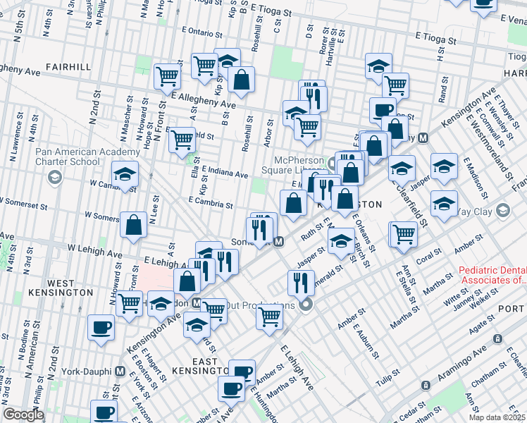 map of restaurants, bars, coffee shops, grocery stores, and more near E Cambria St & Boudinot St in Philadelphia