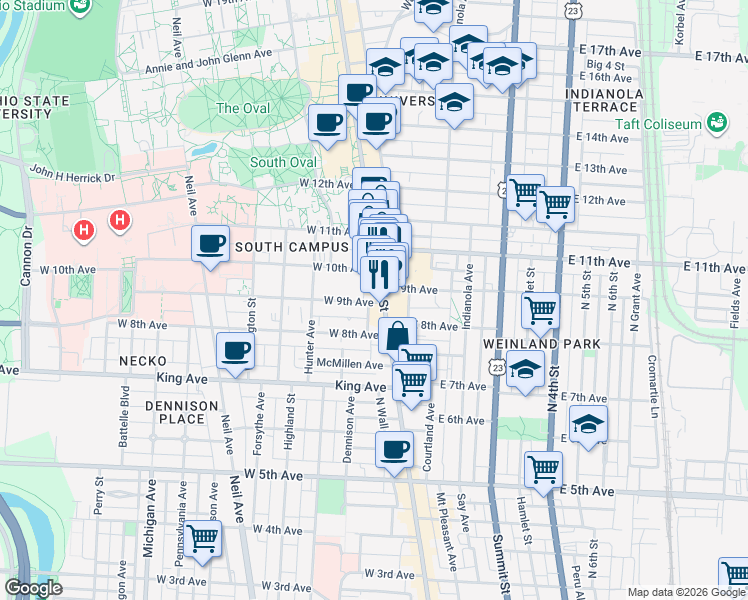 map of restaurants, bars, coffee shops, grocery stores, and more near 8 East 9th Avenue in Columbus