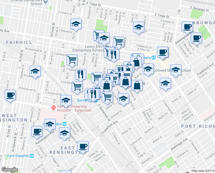 map of restaurants, bars, coffee shops, grocery stores, and more near 2914 Hartville Street in Philadelphia