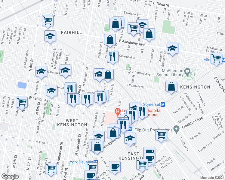 map of restaurants, bars, coffee shops, grocery stores, and more near 2833 North Lee Street in Philadelphia