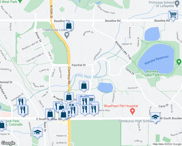 map of restaurants, bars, coffee shops, grocery stores, and more near 2381 Hecla Drive in Louisville