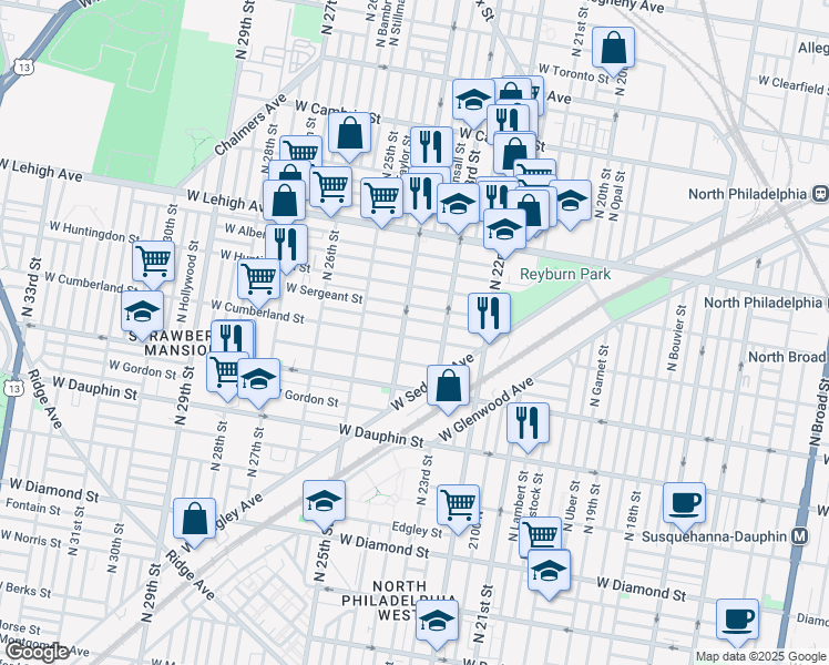 map of restaurants, bars, coffee shops, grocery stores, and more near 2339 West Cumberland Street in Philadelphia