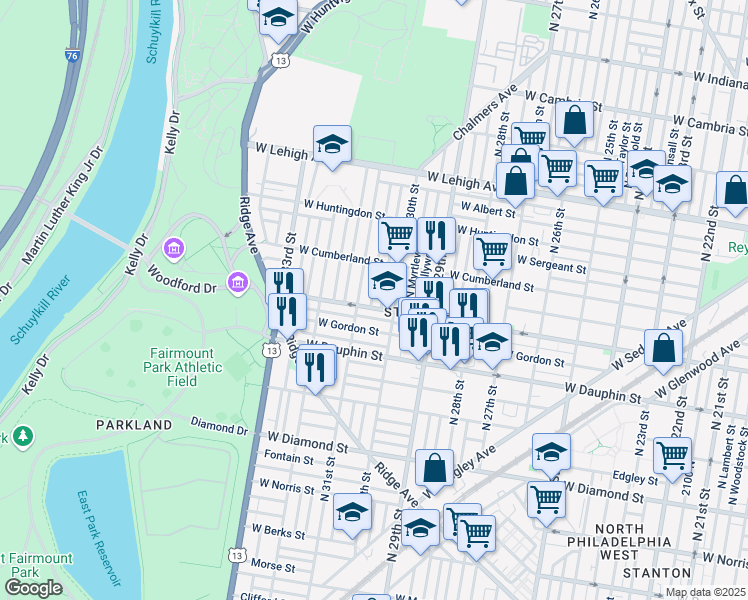 map of restaurants, bars, coffee shops, grocery stores, and more near 2411 North Stanley Street in Philadelphia