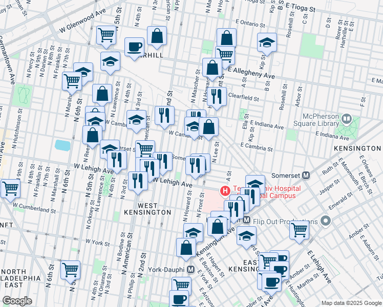 map of restaurants, bars, coffee shops, grocery stores, and more near 2817 Waterloo Street in Philadelphia