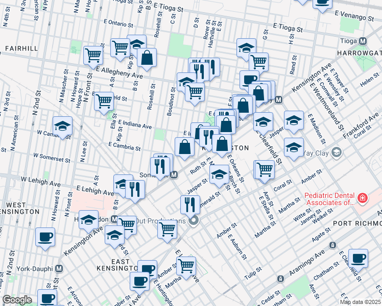 map of restaurants, bars, coffee shops, grocery stores, and more near 2914 Hartville Street in Philadelphia