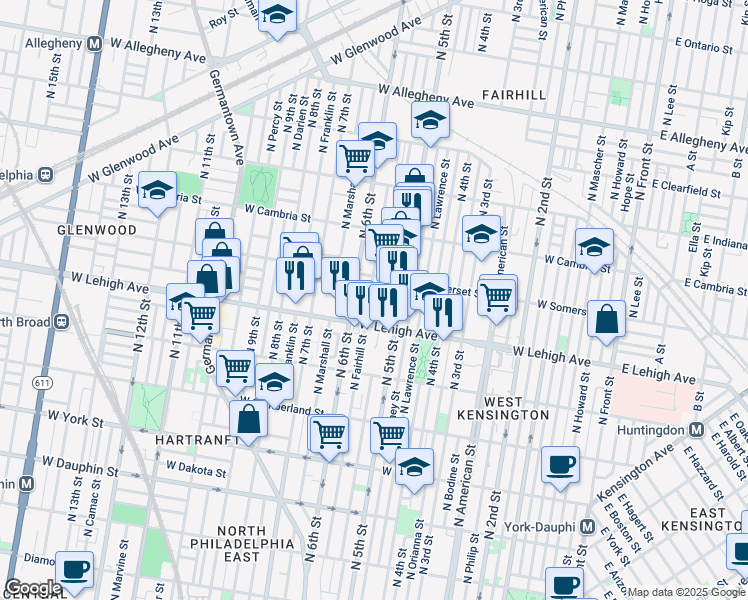 map of restaurants, bars, coffee shops, grocery stores, and more near 2731 North Fairhill Street in Philadelphia