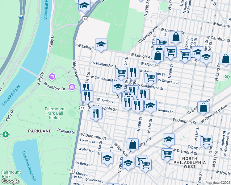 map of restaurants, bars, coffee shops, grocery stores, and more near 2412 North Corlies Street in Philadelphia