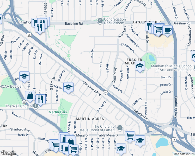 map of restaurants, bars, coffee shops, grocery stores, and more near 215 Fox Drive in Boulder