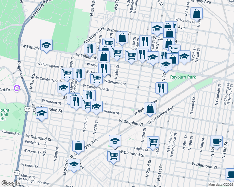 map of restaurants, bars, coffee shops, grocery stores, and more near 2528 West Cumberland Street in Philadelphia