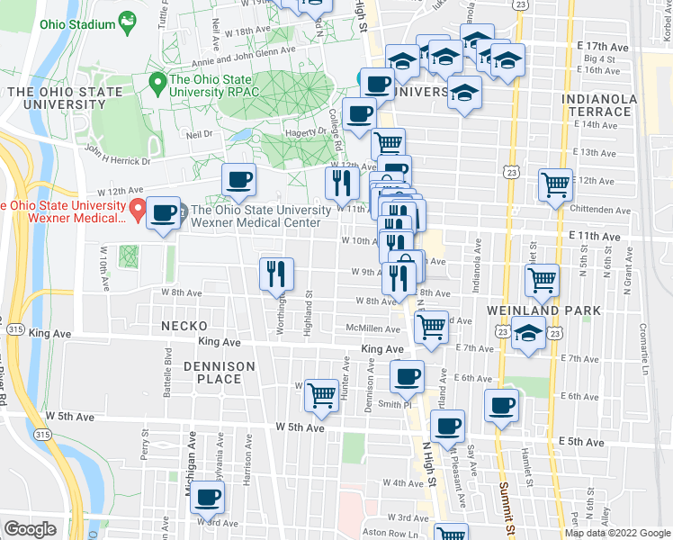 map of restaurants, bars, coffee shops, grocery stores, and more near Hunter Ave & W 9th Ave in Columbus