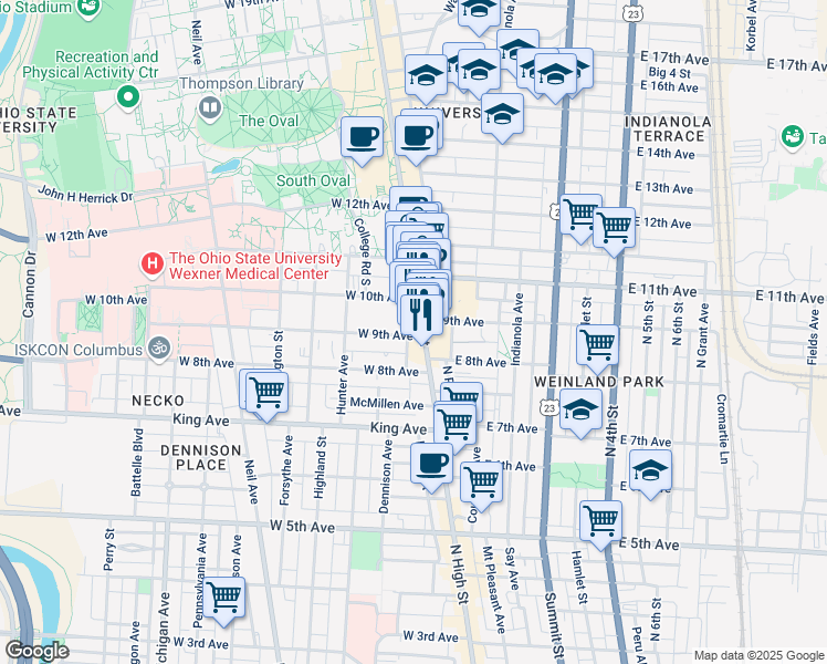map of restaurants, bars, coffee shops, grocery stores, and more near 10 West 9th Avenue in Columbus
