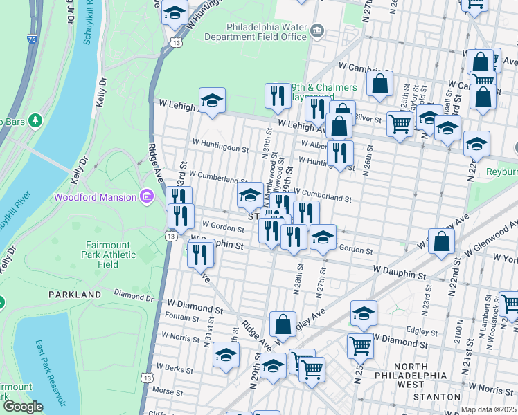 map of restaurants, bars, coffee shops, grocery stores, and more near 2417 North 30th Street in Philadelphia