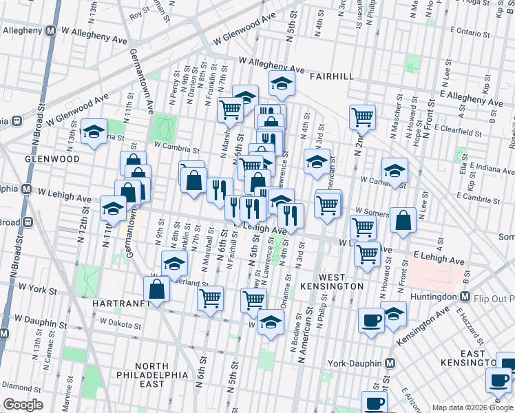 map of restaurants, bars, coffee shops, grocery stores, and more near 2740 North Orkney Street in Philadelphia