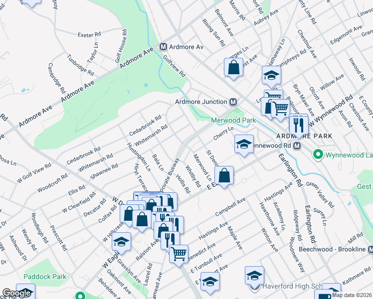 map of restaurants, bars, coffee shops, grocery stores, and more near 237 East Hathaway Lane in Havertown