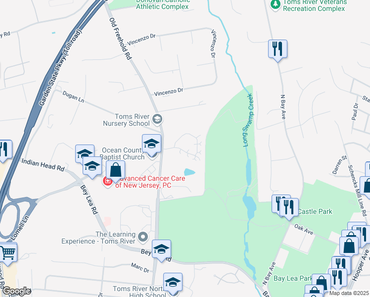 map of restaurants, bars, coffee shops, grocery stores, and more near 148 Golf View Boulevard in Toms River