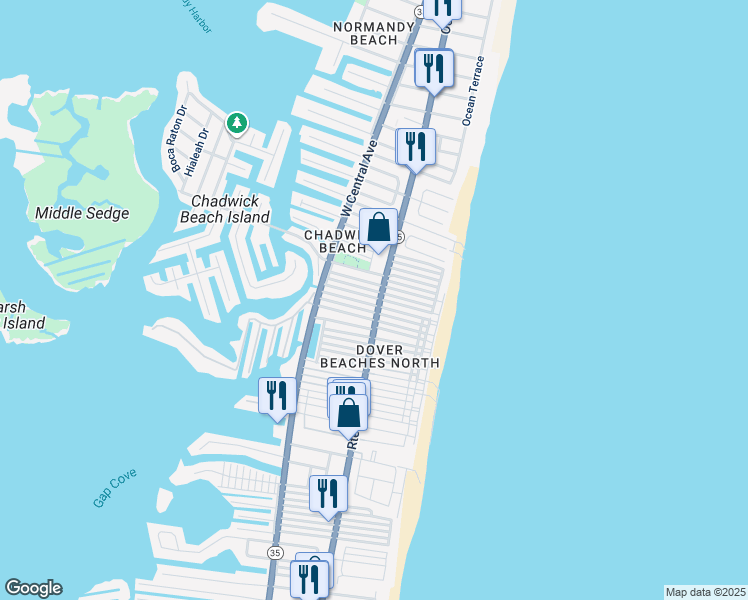 map of restaurants, bars, coffee shops, grocery stores, and more near 151 West Beach Way in Lavallette