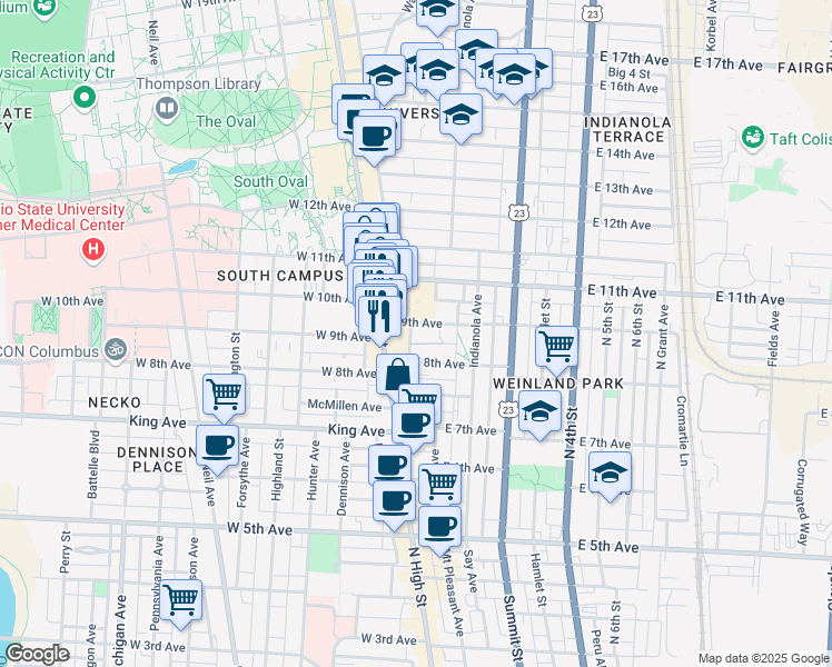 map of restaurants, bars, coffee shops, grocery stores, and more near 45 East 9th Avenue in Columbus