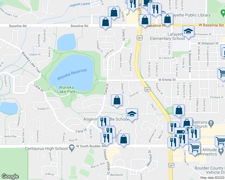 map of restaurants, bars, coffee shops, grocery stores, and more near 742 Julian Circle in Lafayette