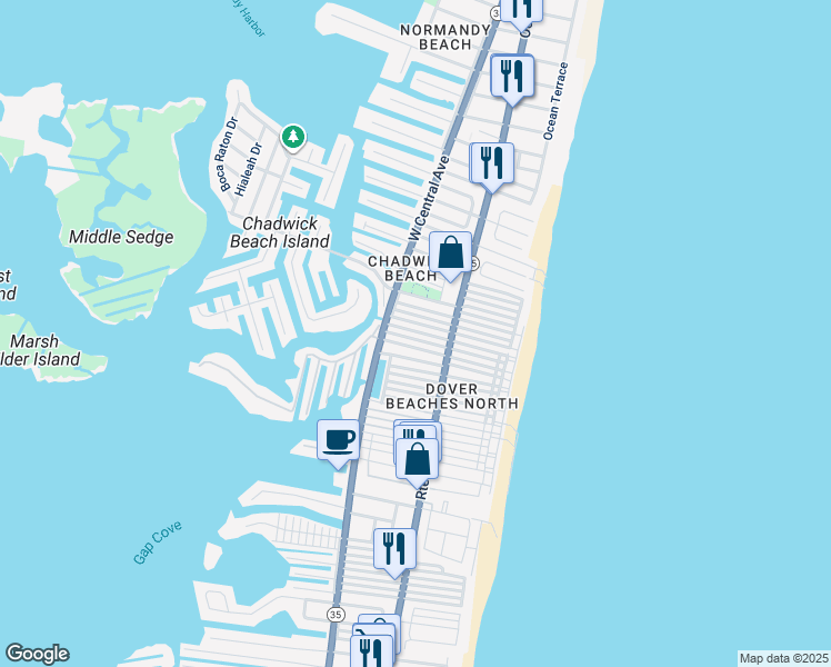 map of restaurants, bars, coffee shops, grocery stores, and more near 115 West Kingfisher Way in Lavallette