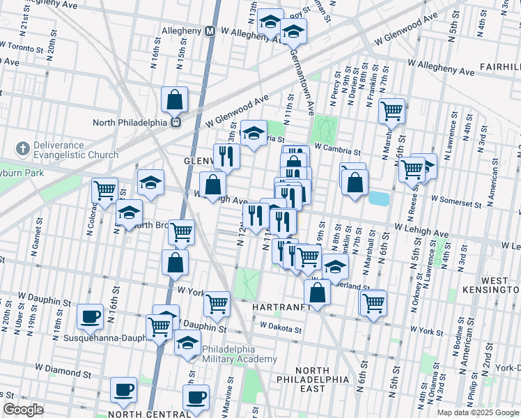 map of restaurants, bars, coffee shops, grocery stores, and more near in Philadelphia