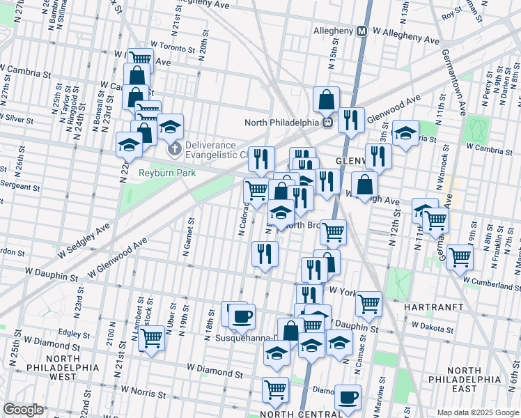 map of restaurants, bars, coffee shops, grocery stores, and more near 1637 West Huntingdon Street in Philadelphia