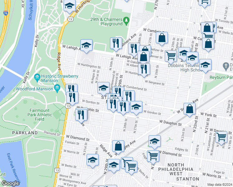 map of restaurants, bars, coffee shops, grocery stores, and more near in Philadelphia