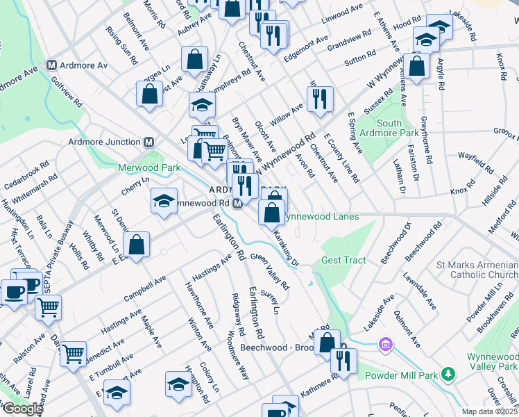 map of restaurants, bars, coffee shops, grocery stores, and more near 2322 Haverford Road in Ardmore