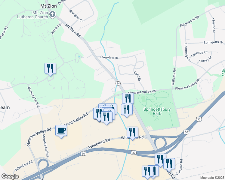 map of restaurants, bars, coffee shops, grocery stores, and more near 1 Wyndham Drive in York