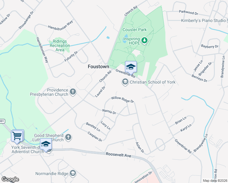 map of restaurants, bars, coffee shops, grocery stores, and more near 875 Willow Ridge Court in York