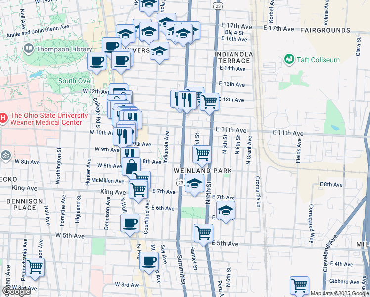 map of restaurants, bars, coffee shops, grocery stores, and more near in Columbus