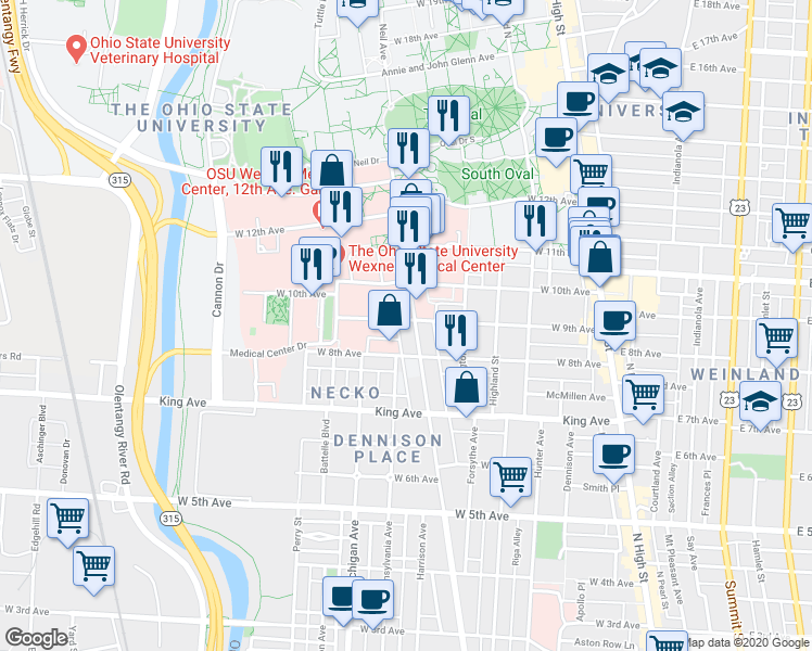 map of restaurants, bars, coffee shops, grocery stores, and more near in Columbus
