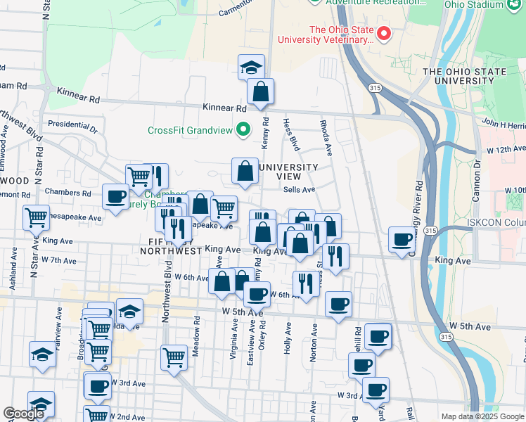 map of restaurants, bars, coffee shops, grocery stores, and more near 1672 Kenny Road in Columbus