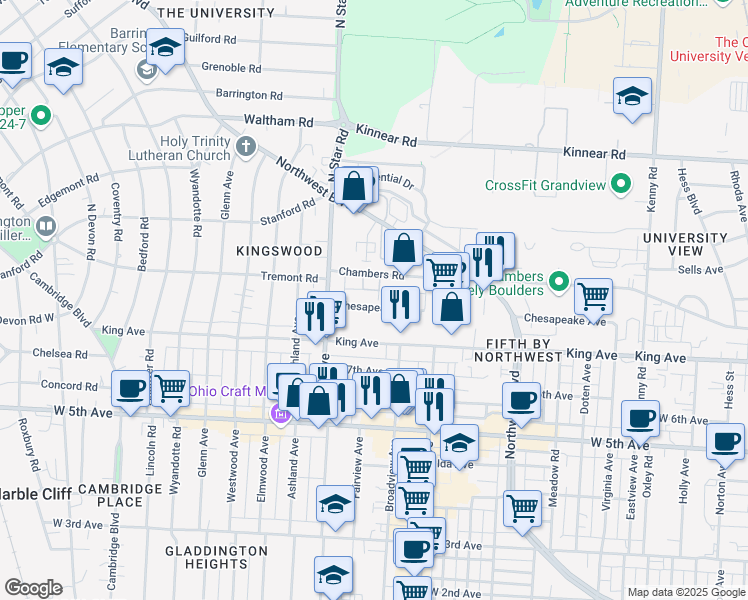 map of restaurants, bars, coffee shops, grocery stores, and more near 1514 Chesapeake Avenue in Columbus