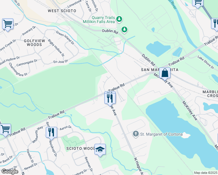 map of restaurants, bars, coffee shops, grocery stores, and more near 3666 Trabue Road in Columbus