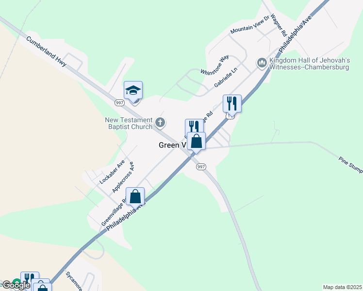map of restaurants, bars, coffee shops, grocery stores, and more near 5362 Cumberland Highway in Chambersburg