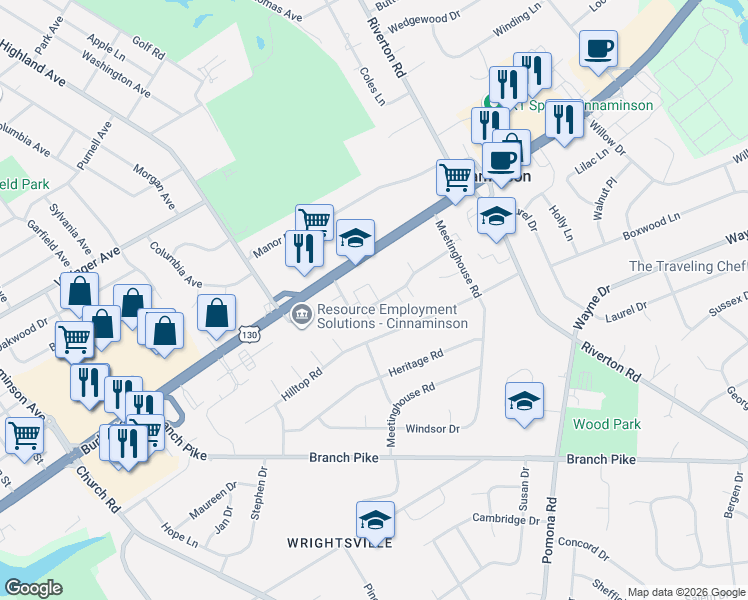map of restaurants, bars, coffee shops, grocery stores, and more near 745 Westfield Drive in Cinnaminson