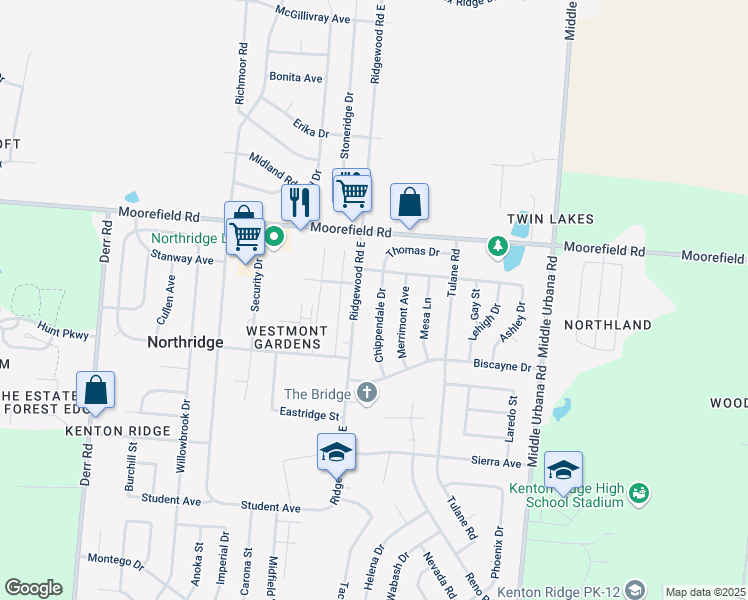 map of restaurants, bars, coffee shops, grocery stores, and more near 4825 Chippendale Drive in Springfield