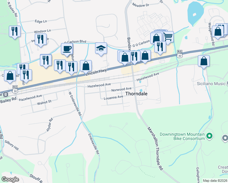 map of restaurants, bars, coffee shops, grocery stores, and more near 3716 Norwood Avenue in Downingtown