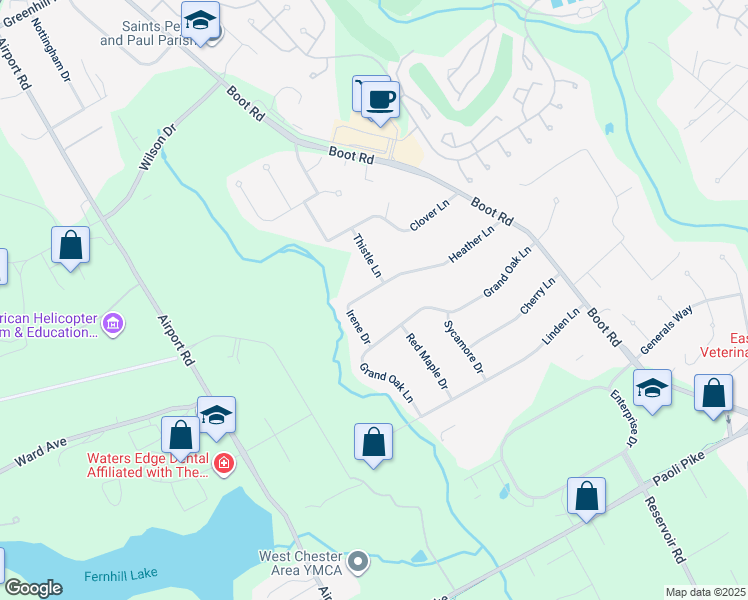 map of restaurants, bars, coffee shops, grocery stores, and more near 1406 Heather Lane in West Chester