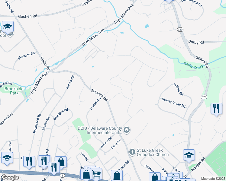 map of restaurants, bars, coffee shops, grocery stores, and more near 107 Lincoln Circle in Broomall