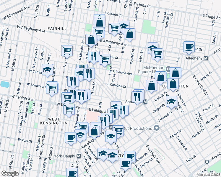 map of restaurants, bars, coffee shops, grocery stores, and more near 265 East Tusculum Street in Philadelphia