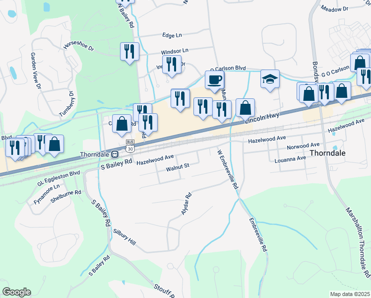 map of restaurants, bars, coffee shops, grocery stores, and more near 3305 Hazelwood Avenue in Downingtown
