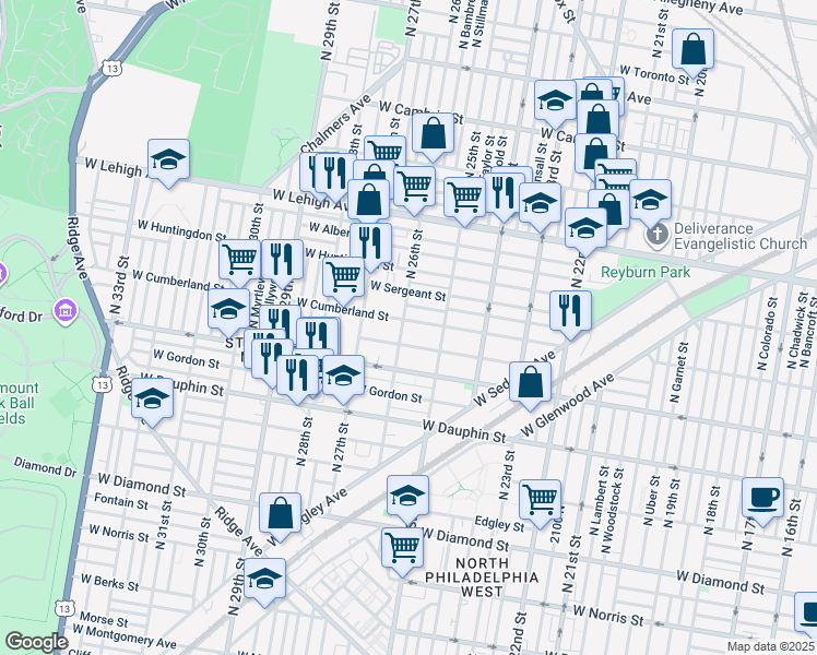 map of restaurants, bars, coffee shops, grocery stores, and more near 2546 West Cumberland Street in Philadelphia