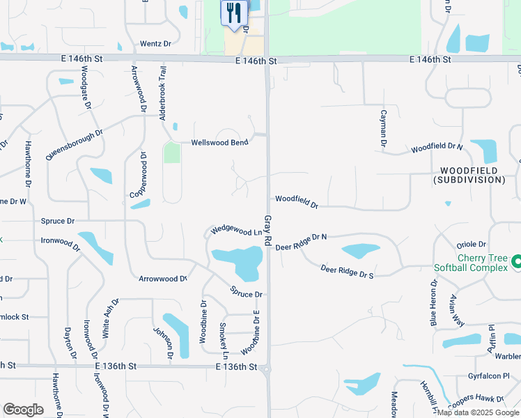 map of restaurants, bars, coffee shops, grocery stores, and more near 4841 Woodfield Drive in Carmel