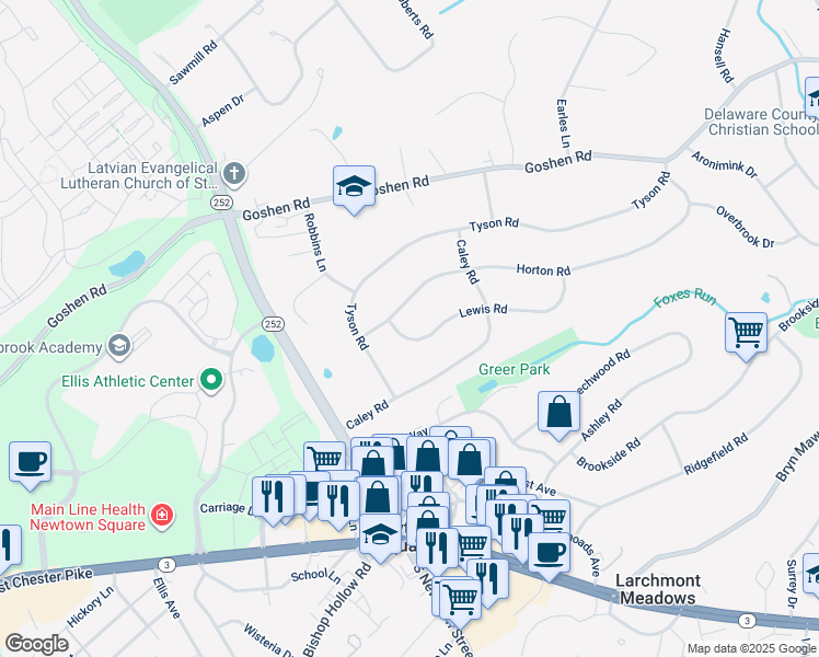 map of restaurants, bars, coffee shops, grocery stores, and more near 3517 Lewis Road in Newtown Square
